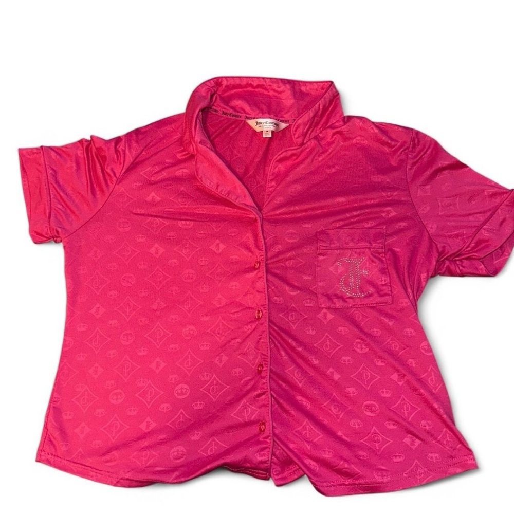 hot pink juicy couture velvet short sleeve button up pajama shirt